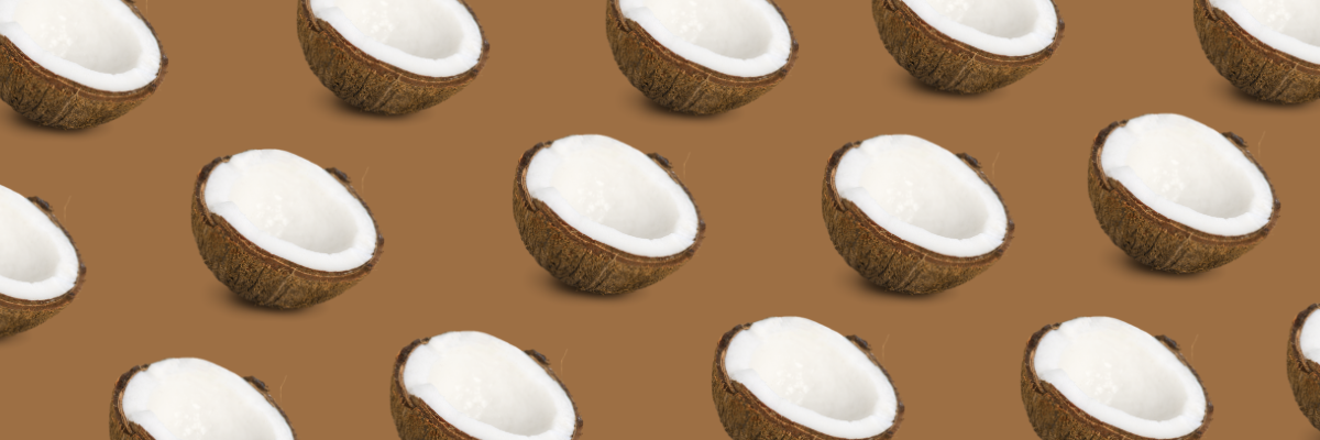 A header image featuring a light-brown background and a repeating pattern of halved coconuts with a slight drop shadow. 
