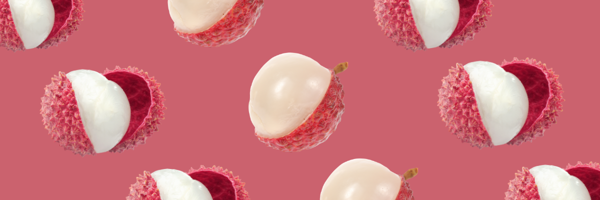 A header image featuring a light pink background and a repeating pattern of lychee fruit. 