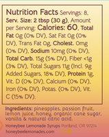 Nutrition label for the Pineapple Passion Fruit Lemonade syrup.